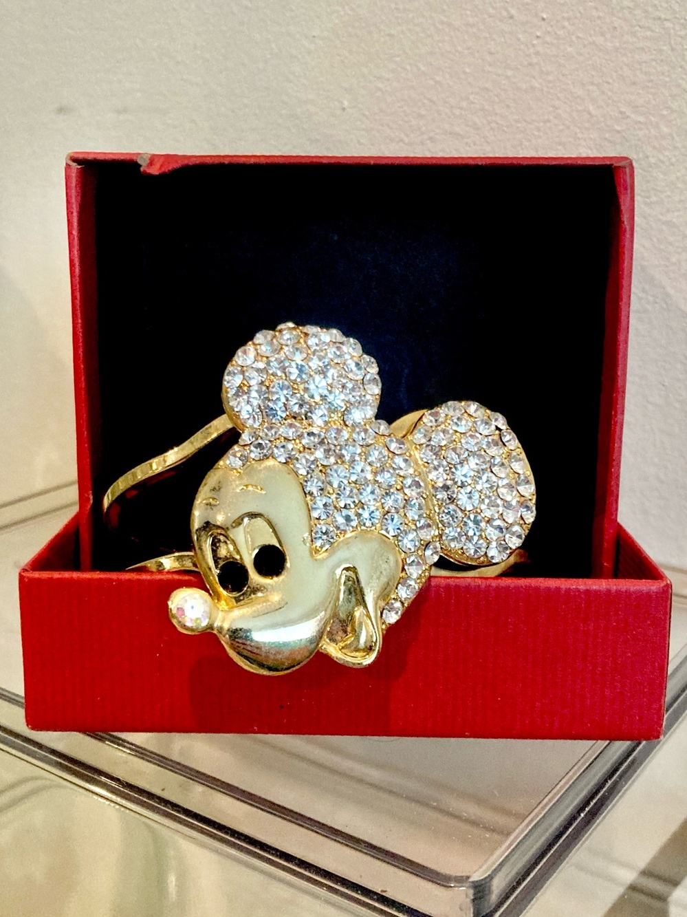 Mickey Mouse Rhinestone Gold plated Hinged Clamper Bracelet